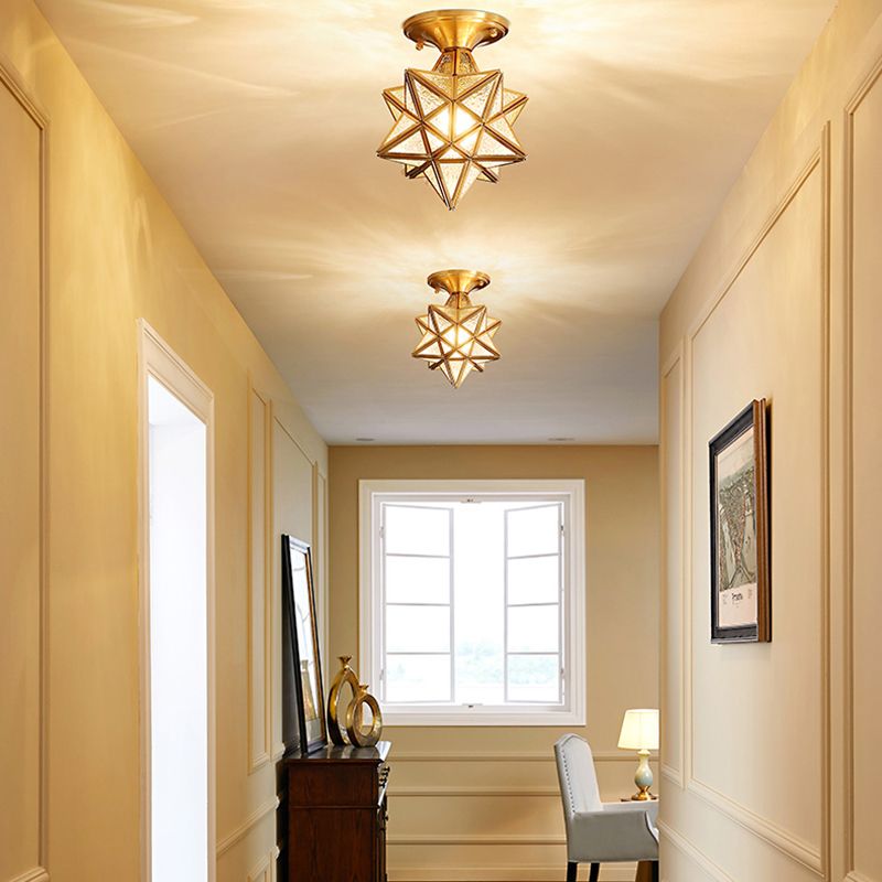 Glass and Metal Semi Flush Mount Gold 1 Light Colonial Ceiling Light for Entry