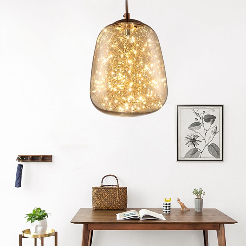 Stone Dining Room Ceiling Lamp Amber Glass LED Modernism Pendant Lighting Fixture