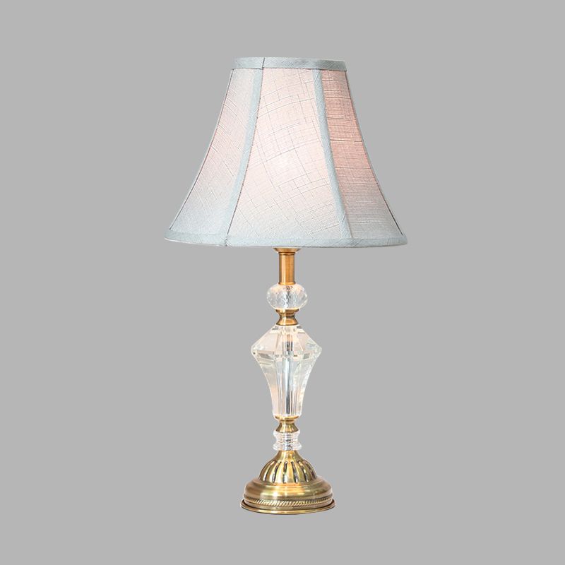 1 Light Paneled Bell Night Table Lamp White Fabric Nightstand Light with Crystal Accent