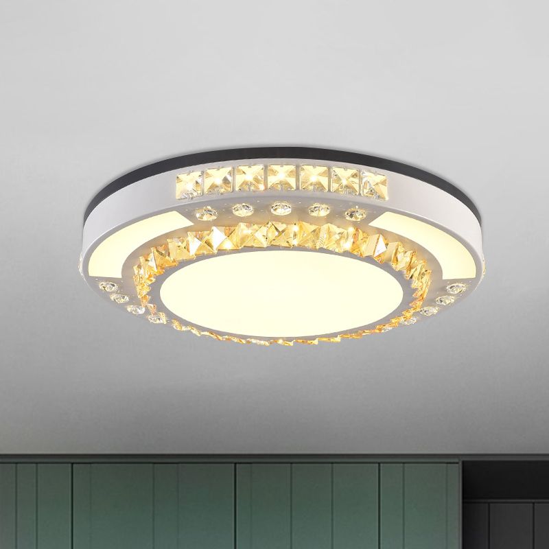 LED Flush Mount Lamp Modern Circular Clear Crystal Block Ceiling Mount in White for Living Room