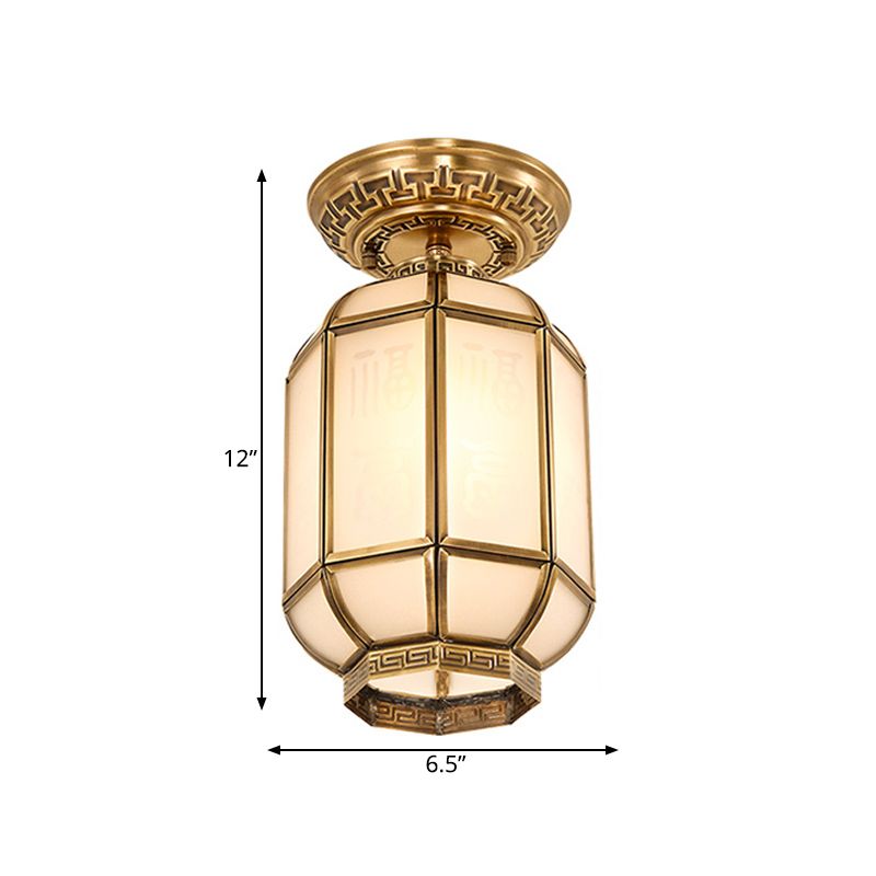 Lantern Frosted Glass Semi Flush Mount Lighting Classic 1 Lichtkorridor Deckenbefestigung in Messing