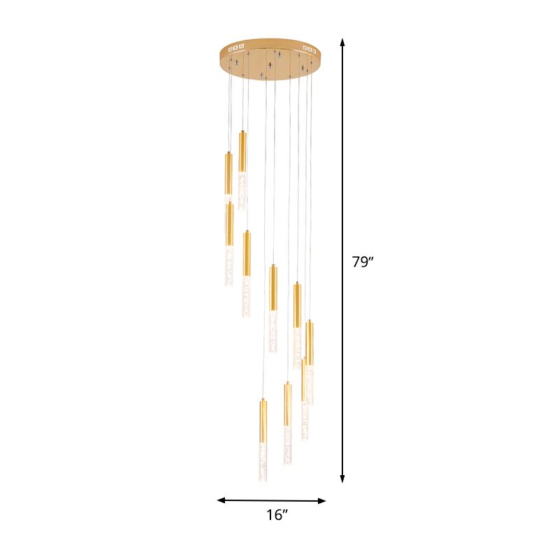 Gold Slim Tube Hanging Lighting Modern Acrylic 10 Lights Stair Multi Light Pendant Chandelier