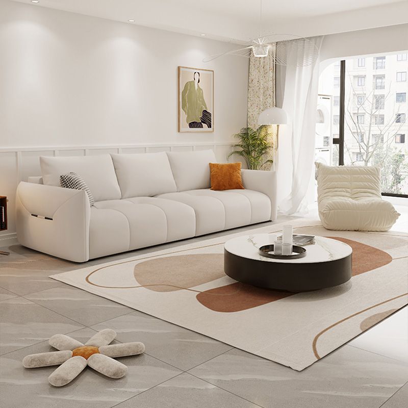 Modern Genuine Leather Square Arm Sofa White Sofa with Bolster Pillows