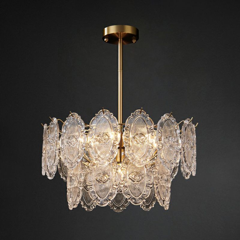 Carved Glass Tiered Pendant Lighting Postmodern Gold Finish Chandelier for Dining Room