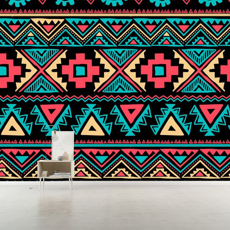 Boho-Chic Seamless Pattern Murals Red-Yellow-Green Bedroom Wall Covering, Custom Print