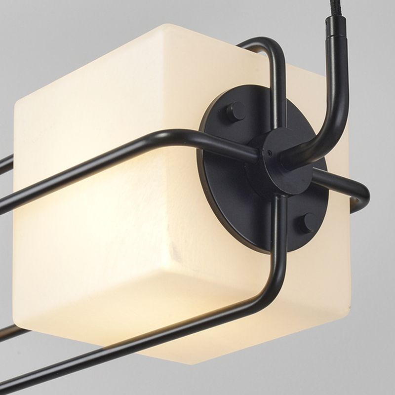 Frosted White Glass Box Pendant Lamp Modern 2-Light Black Island Lighting with Cage