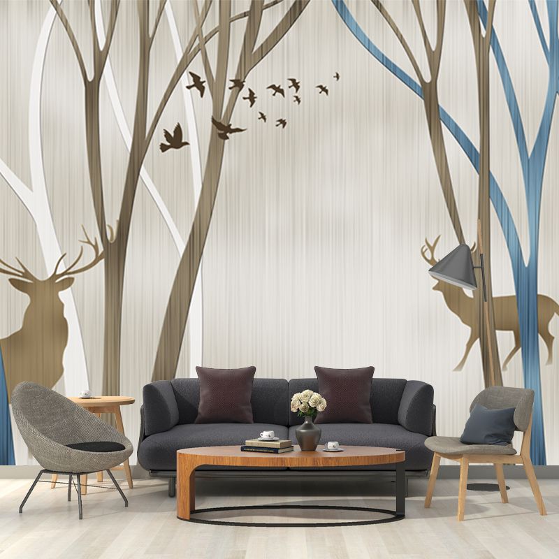 Personalized Illustration Nordic Murals with Silhouette Deer in Leafless Trees Pattern in Blue-Brown
