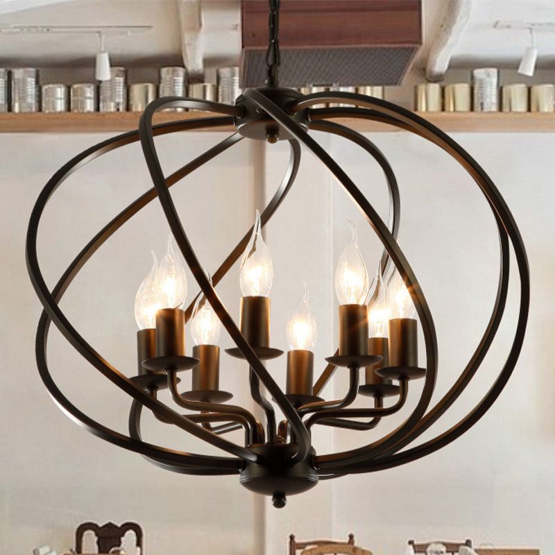 Black Round Cage Chandelier Lighting Industrial Metal 8 Lights Dining Room Large Pendant Light with Candle Decoration