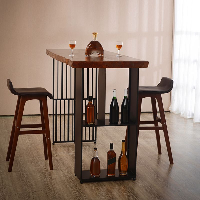 Contemporary Rectangle Bar Table Solid Wood Brown Bar Dining Table with Storage