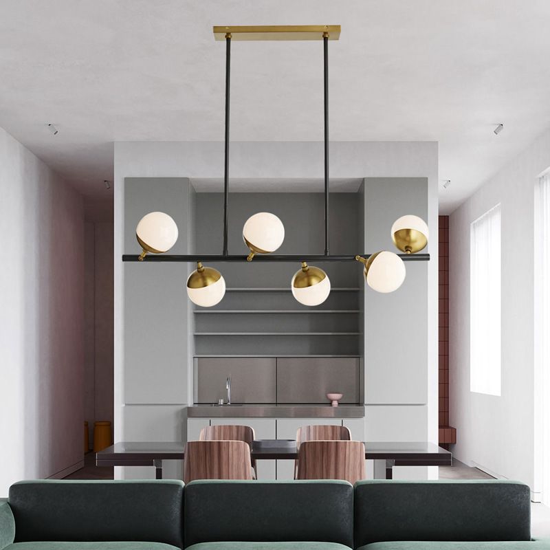 Modern 6 Lights Island Lighting Black Brass Globe Glass Pendant Light