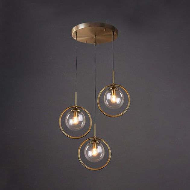 Luz de colgante de oro de vidrio en la moderna lámpara colgante de globo de hierro estilo lujo para el comedor