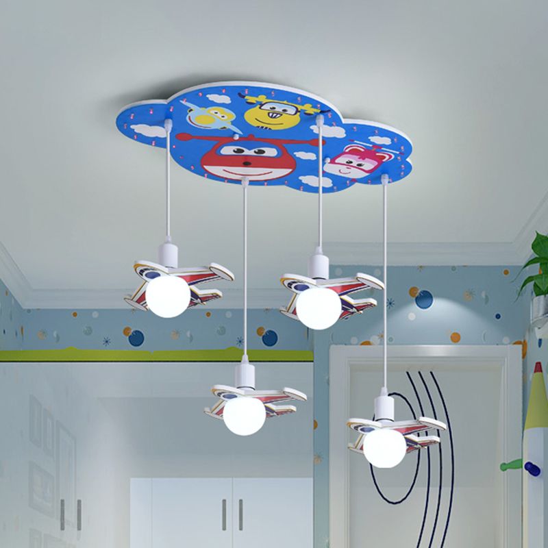 Blue Finish Plane Shape Multi Ceiling Light Cartoon 4 Heads Wood Hanging Lamp Kit
