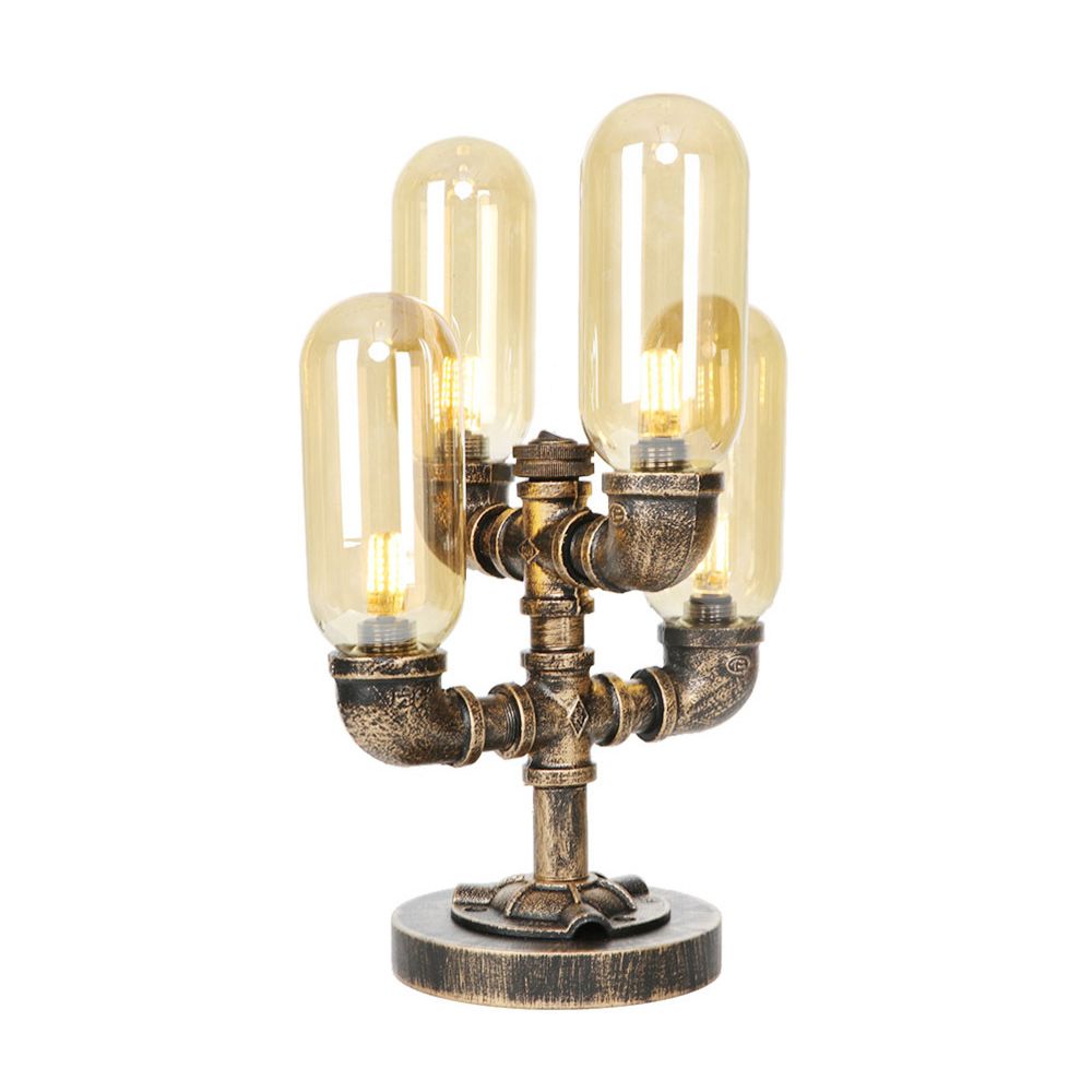 4 Bulbs LED Table Lighting Vintage Capsule Shade Amber/Clear Glass Nightstand Lamp for Bedroom