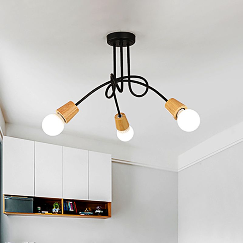 Metal Open Bulb Ceiling Light Fixture with Twisted Arm Loft Style 3/5 Lights Kitchen Semi Flush Pendentif Light in Wood