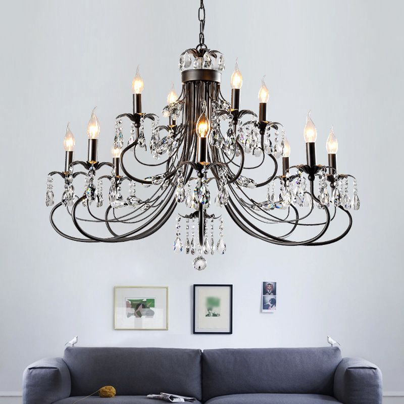 Black Curving Chandelier Lamp Farmhouse Metal Living Room Crystal Pendant Lighting with Candle Design