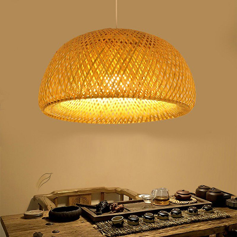 2-layerte Kuppel Deckenhänge Lampe Einfachheit Bambus Single-Bulb Tea Room Anhänger Licht in Holz