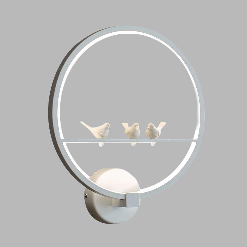 White Circle Sconce Lighting Modern LED Acrylic Wall Mount Lamp with Birds Deco for Bedroom