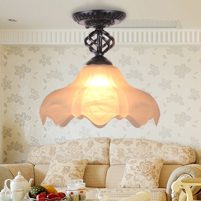 1 Light Semi Flush Mount Traditional Scalloped Frosted Glass Ceiling Light in Black/White for Bedroom