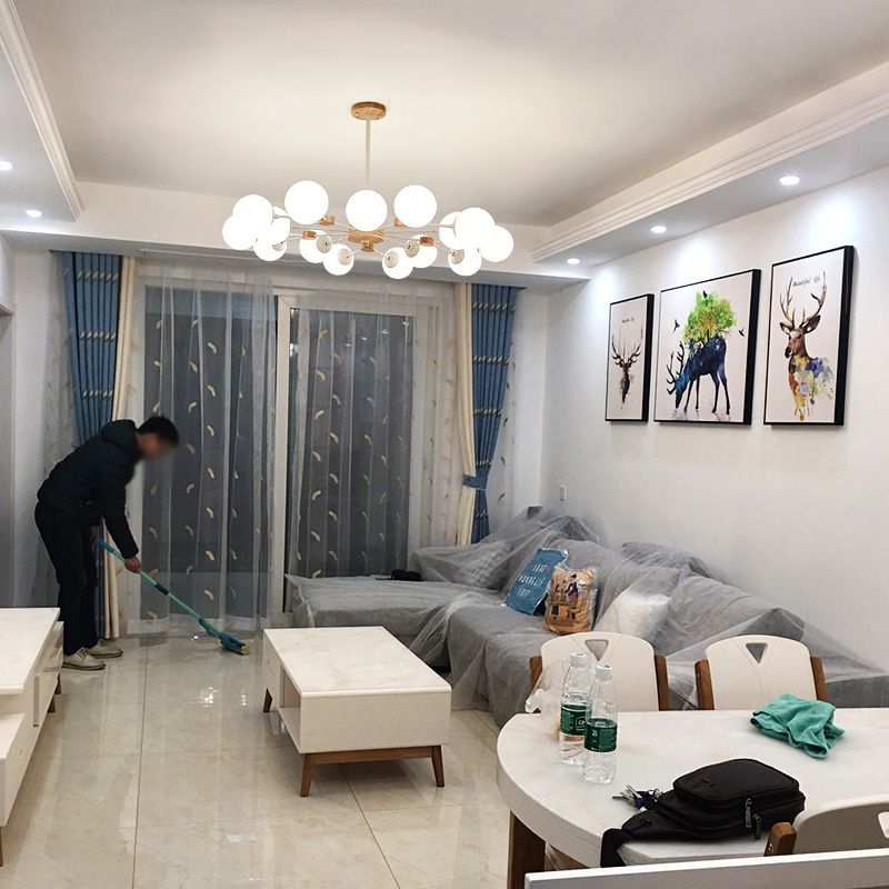 Araña de vidrio de leche opaca dorada para la sala de estar de vestíbulo dormitorio