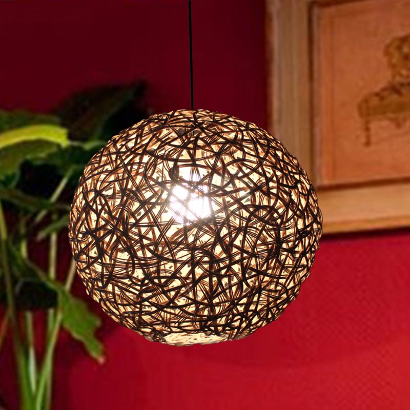 Flaxen Floral Sphere Pendulum Light Modern 1 Head 12"/16"/19.5" Wide Rattan Hanging Lamp Kit for Dining Room