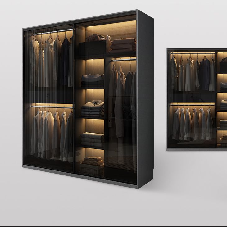 Glass and Wood Wardrobe Cabinet with Drawer Grey Wardrobe Closet