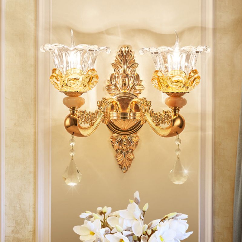 Gold 2 Bulbs Sconce Lamp Traditional Clear Crystal Glass Floral Wall Mount Light Fixture