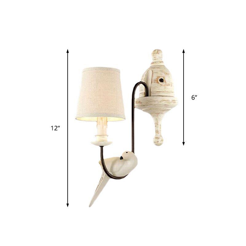Tapered Bedroom Wall Lamp Country Metal 1/2 Light White Sconce Light Fixture with Bird Accents
