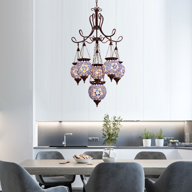 Hand Cut Glass Copper Chandelier Global 6-Light Turkish Pendant Ceiling Light for Dining Room