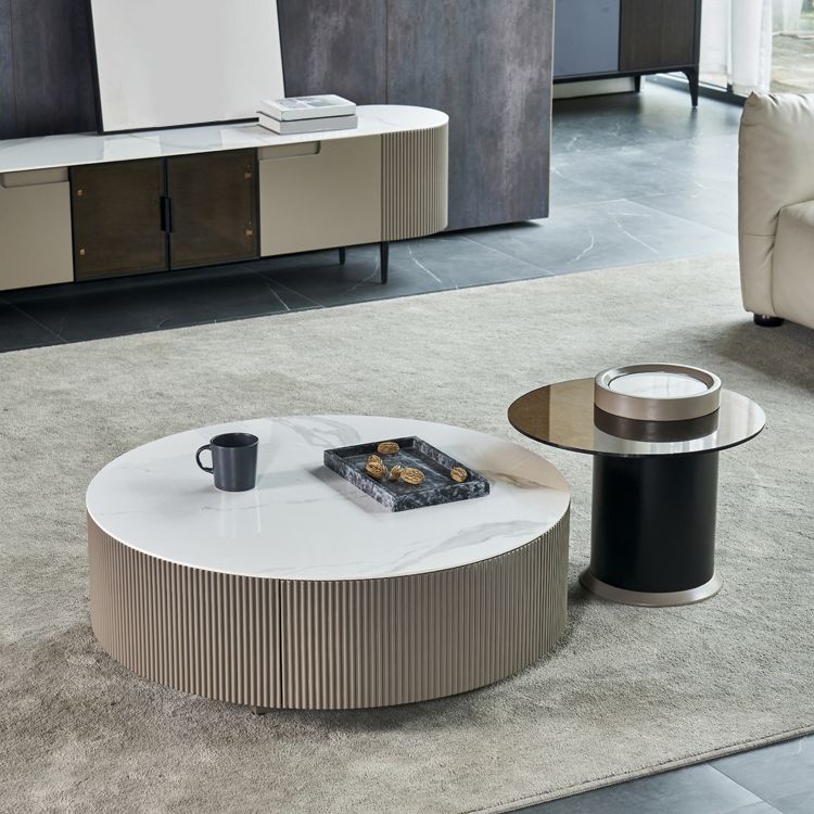 White Slate Bedroom Rectangle and Round Modern Coffee Or End Table with Storage