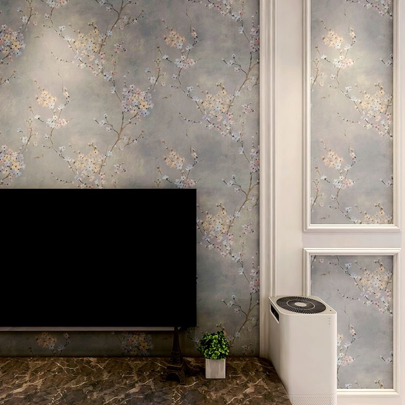 Plum Flowers Wallpaper Roll Rustic Glitter Wall Decoration in Light Color, Non-Woven