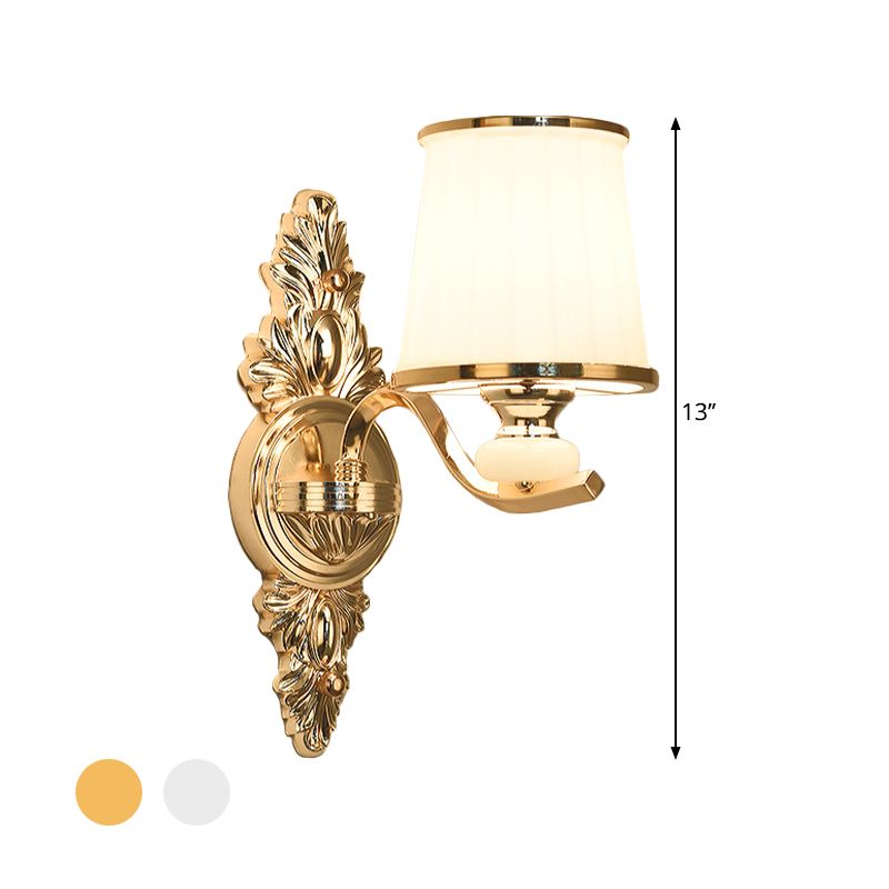 Cone Bedroom Wall Light Fixture Traditional White Glass 1/2-Bulb Chrome/Gold Finish Wall Sconce with Carved Backplate
