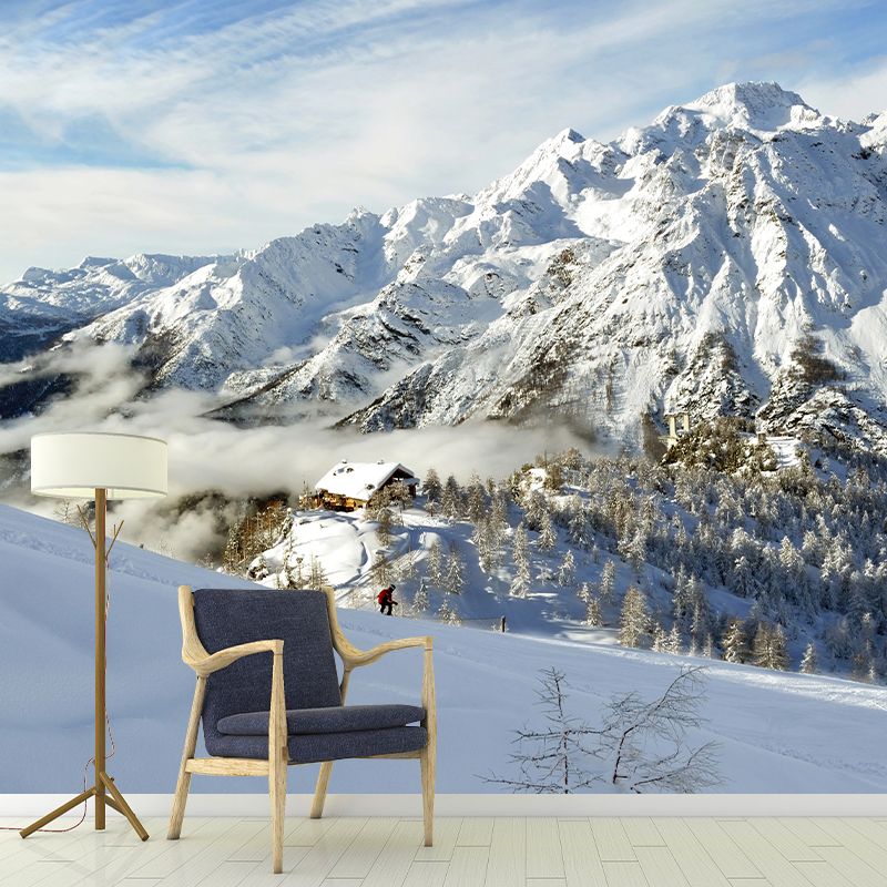 Modern Snow Mountain Cabin Murals Non-Woven Waterproof Grey-White Wall Decor for Home