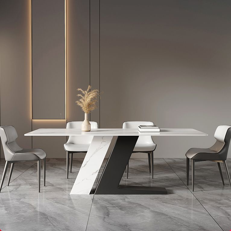 Minimalist Sintered Stone Dining Sets with Rectangle Table and Metal 4 Legs Base Dining Furniture