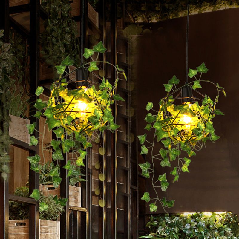 Geometric Restaurant Pendant Ceiling Light Retro Metal 1 Head Black LED Drop Lamp with Plant Decor