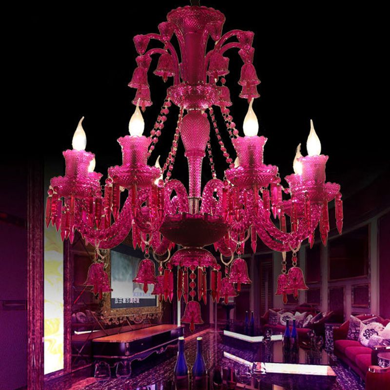 8 Lights Crystal Hanging Lamp Traditional Red/Blue/Purple Candelabra Living Room Chandelier Light