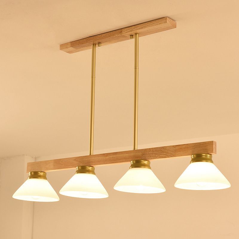 Nordic Linear Wood Hanging Light 4 Heads Island Ceiling Light in Gold/Black Finish with Cone Opal Glass Shade