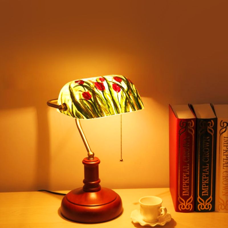 1 Glühbirne Grüne Glas Tisch Beleuchtung koreanischer Garten Rotbraune Blumenbuschmuster Schlafzimmer Nachttisch Lampe mit Pull -Kette