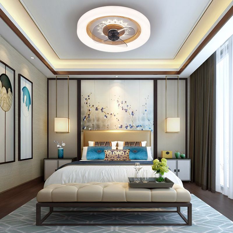 Solid Wood Round Ceiling Fan Lamp Nordic Bedroom LED Semi Flush Light with Rotatable Head