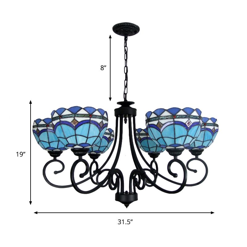 Blue Glass Bowl Chandelier 6 Lights Baroque Pendant Light with Metal Chain for Living Room