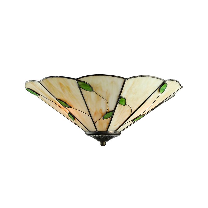Geometrisch plafondlicht Tiffany gebrandschilderd glas 3 lichten spoeling plafondlicht met bladthema in wit/beige