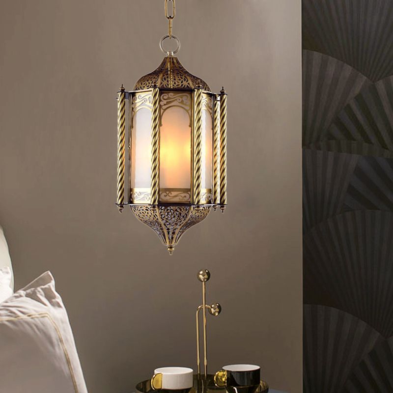 Metallic Brass Pendant Chandelier Lantern 3 Lights Arab Hanging Ceiling Light with Opal Glass Shade