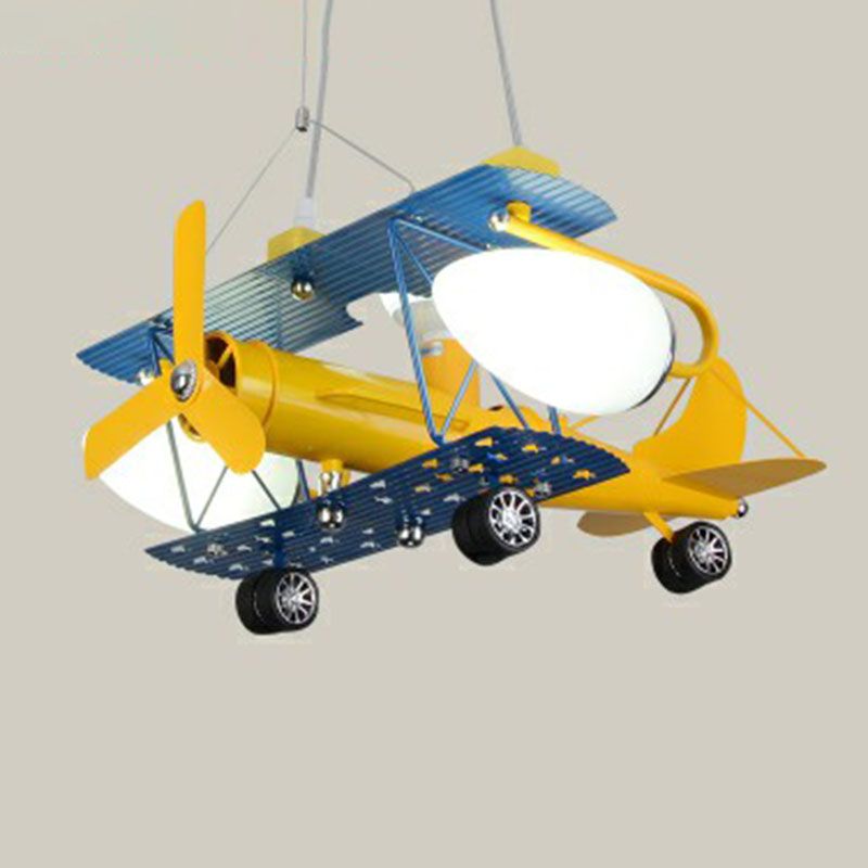 Jet Plane LED Suspension Light Kids Style Metallic Yellow Chandelier Lighting