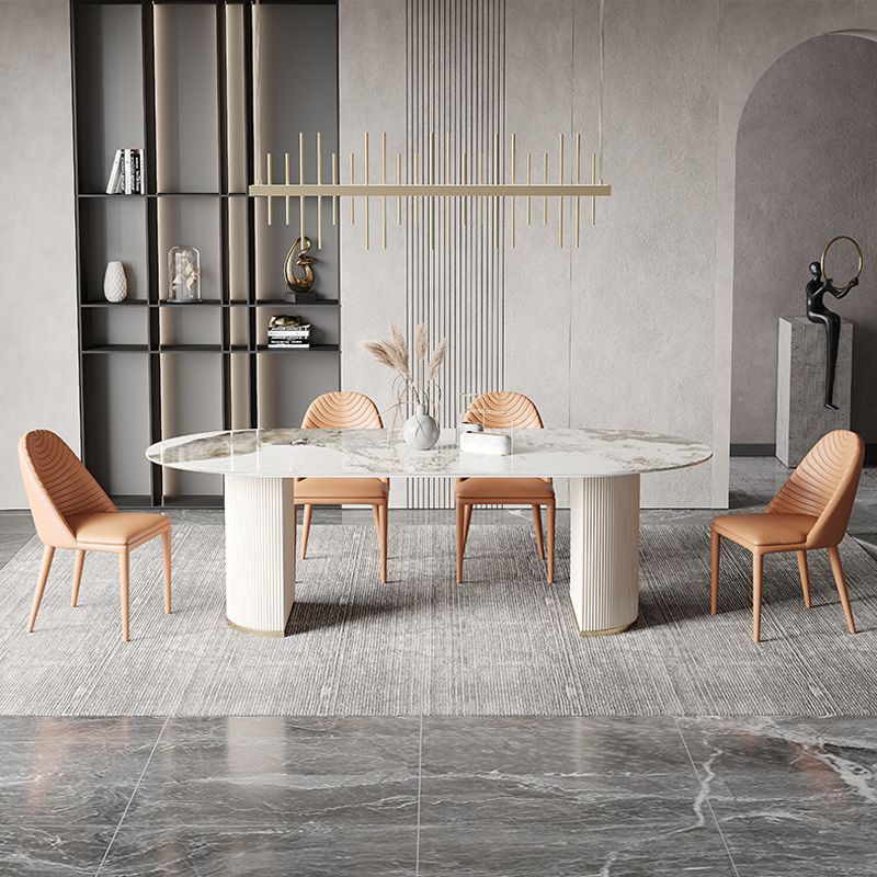 Glam Oval Dining Table Stone Top Dining Table with Double Pedestal in White