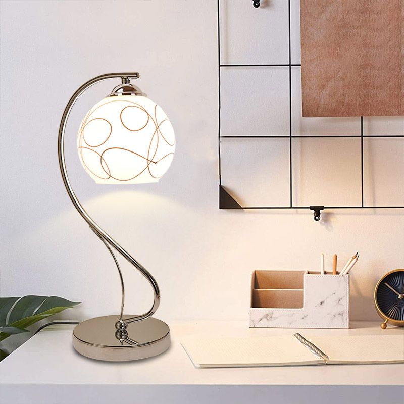 Chrome Gooseneck Table Lamp Minimalist 1-Light Metal Nightstand Light with Ball White Glass Shade
