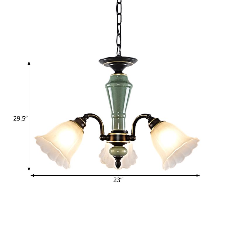 Black Flower Ceiling Chandelier Rural Style Frosted Glass 3/6/8 Heads Hanging Light Kit with Swooping Arm
