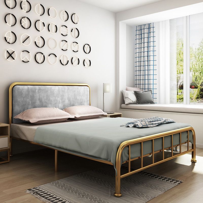 Grey and Gold Open-Frame Bed with Metal Legs Bed Frame Upholstered Headboard