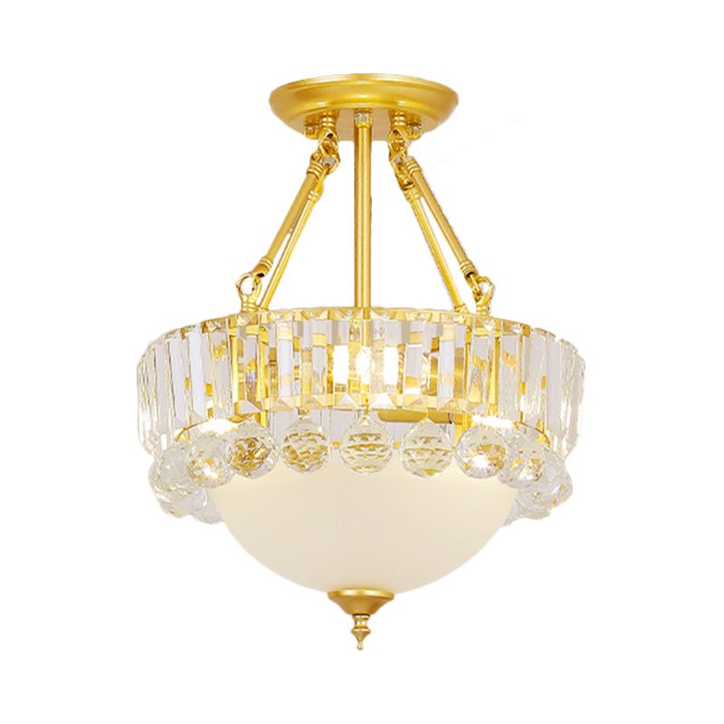 Gold Dome Semi Flush Chandelier Modern 3 Heads Frosted Glass Ceiling Lighting with Crystal Ball Deco