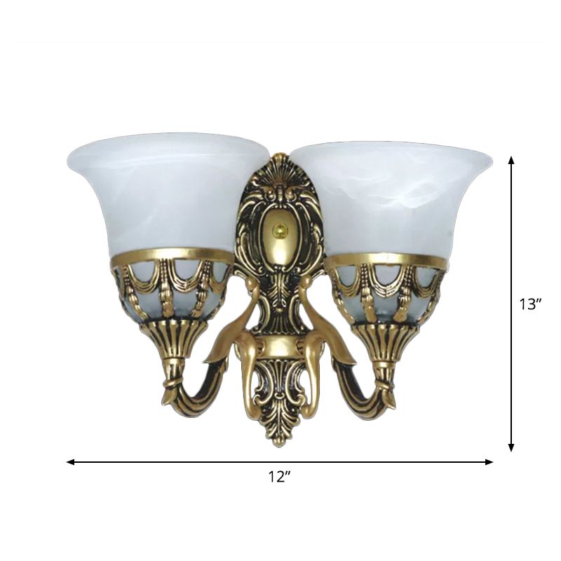 2-Light Wall Light Fixture Traditional Corridor Wall Sconce with Bell Alabaster Glass Shade in Bronze
