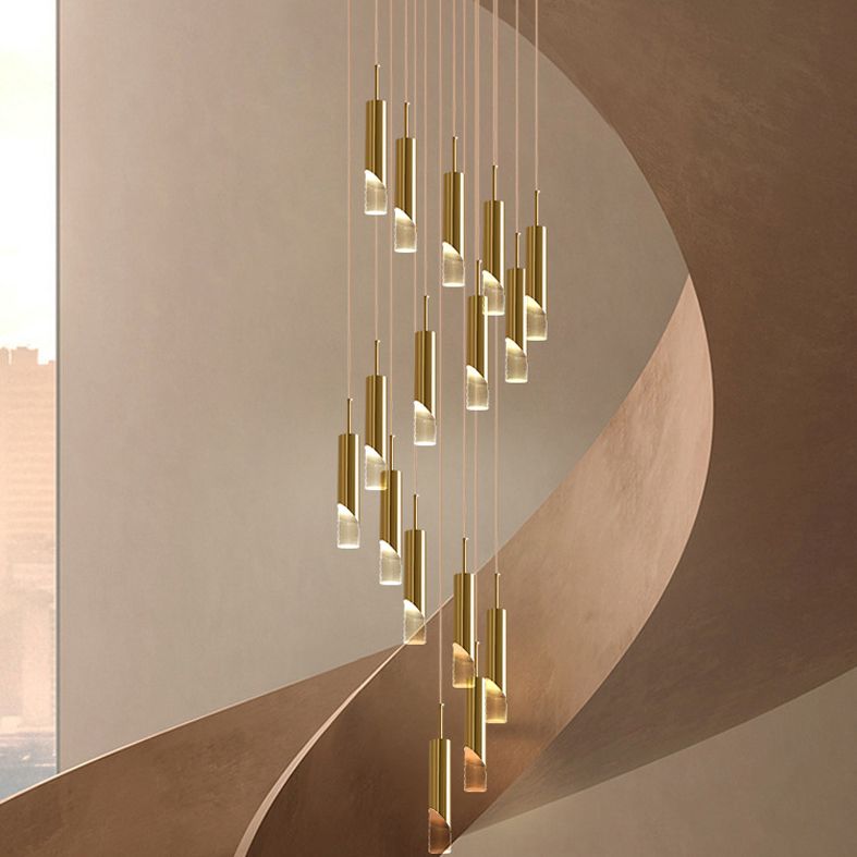 Modern Tube Shape Pendant Gold Metal Multiple Hanging Ceiling Light for Spiral Stair