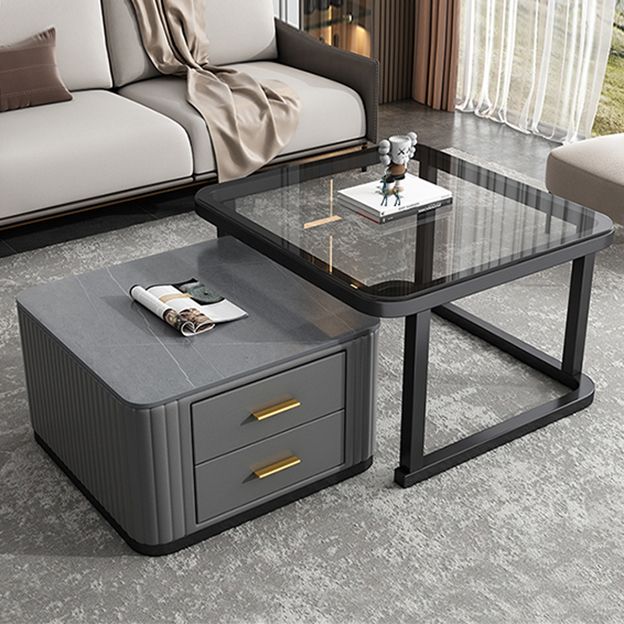 Modern Square Stone Coffee Table with Drawers 2 Nesting Cocktail Table Set